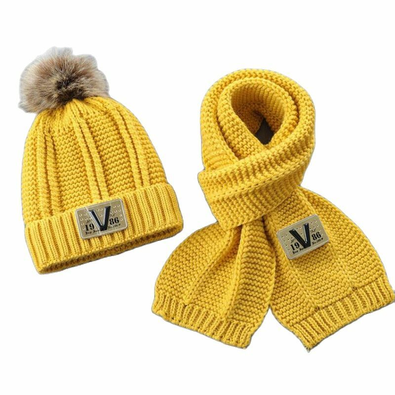 Doitbest Hairball Beanies Sets Velvet Wool Kids Knitted Fur Hats Winter 2 pcs Boys Girl Scarf Hat For 3 to 10 Years old Child