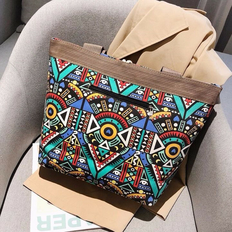 New Ethnic Style Shoulder Bag Casual Bohemian Canvas Bag Printed Beach Mommy Bag Handbags Travel Grocery Bag Shopping Bag Tote