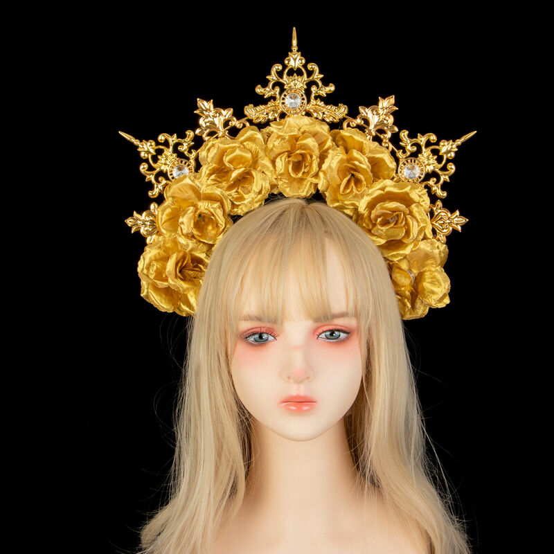 Diadema de oro rosa de diosa del sol hecha a mano, corona con pinchos barrocos, tocado gótico Lolita barroco KC, accesorios de disfraz de Cosplay Punk