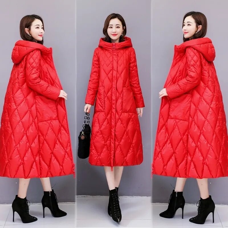 2023 Medium long jacket hooded down cotton winter women's parka loose large pockets thick warm coat