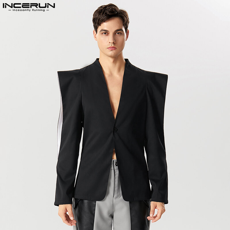 Мужской однотонный блейзер с лацканами и длинным рукавом, на одной пуговице, уличная одежда, Асимметричные костюмы, мужские модные тонкие пальто с вырезами, 2023