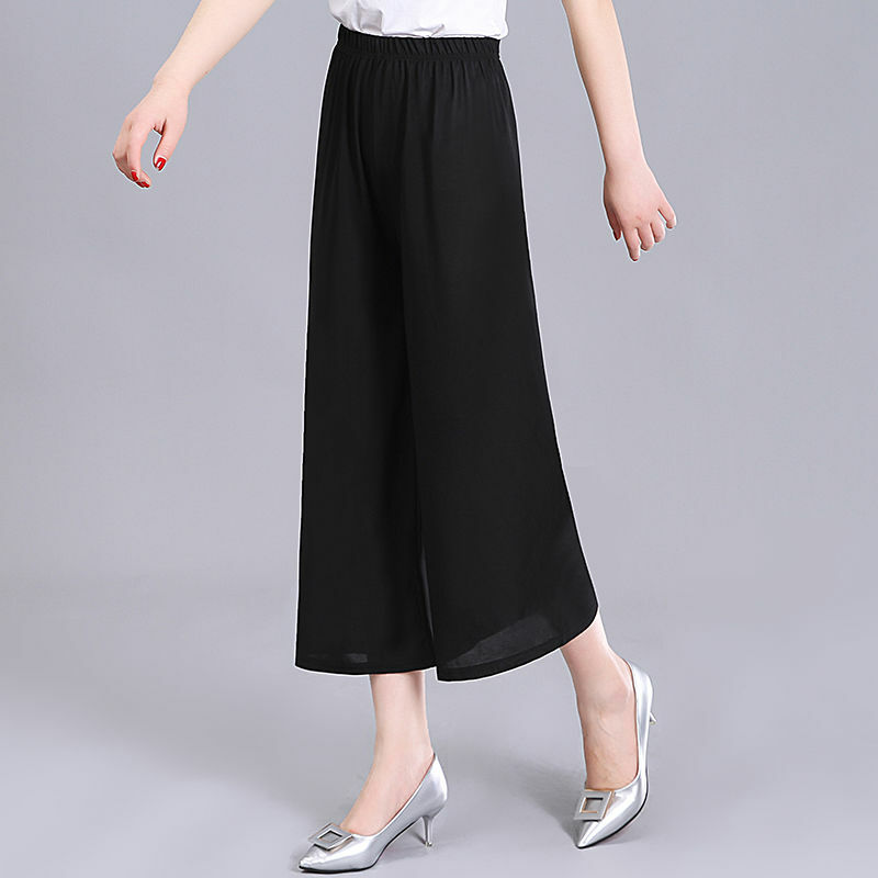 Street Casual Black Simplicity Wide Leg Pants Summer New Elastic Waist Solid Loose Straight Pants Fashion Vintage Women Clothing