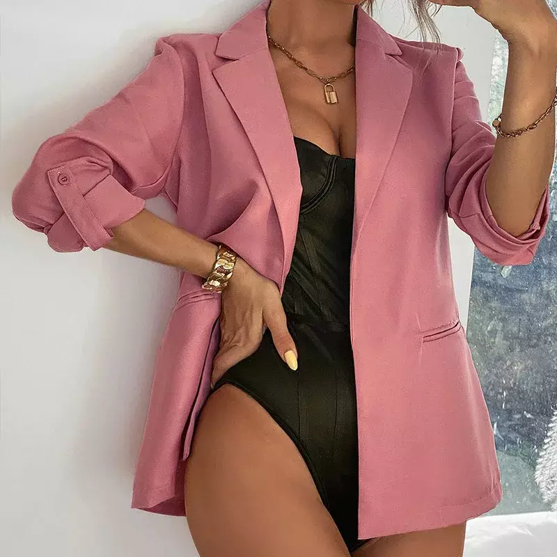 Blazer feminino formal justo de manga comprida, blazer entalhado, rosa, monocromático, casual, elegante, fino, moda feminina, primavera, 2022