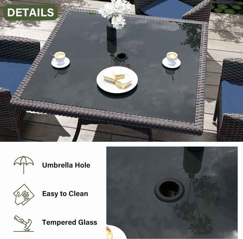10-teiliges Terrassen-Ess-Set im Freien, Korbmöbel-Set mit 8 Rattan stühlen mit Kissen und 2 quadratischen Tischen mit Regenschirm ausschnitt