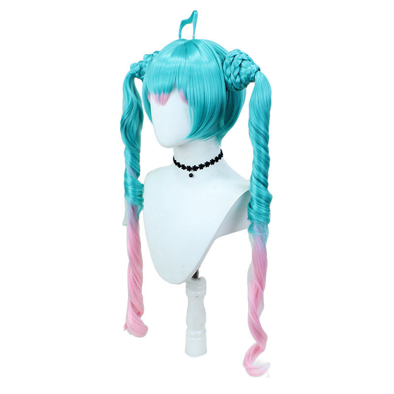 Wig biru Cosplay Anime Double Ponytail Braid simulasi rambut Comic-Con alat peraga Periwig performa panggung aksesoris Halloween