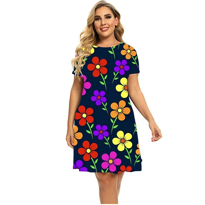 New Summer Flower Power 3D Print Dresses For 2023 Women Paisley Short Sleeve Loose Dress Plus Size Clothing Fashion O-Neck Dress