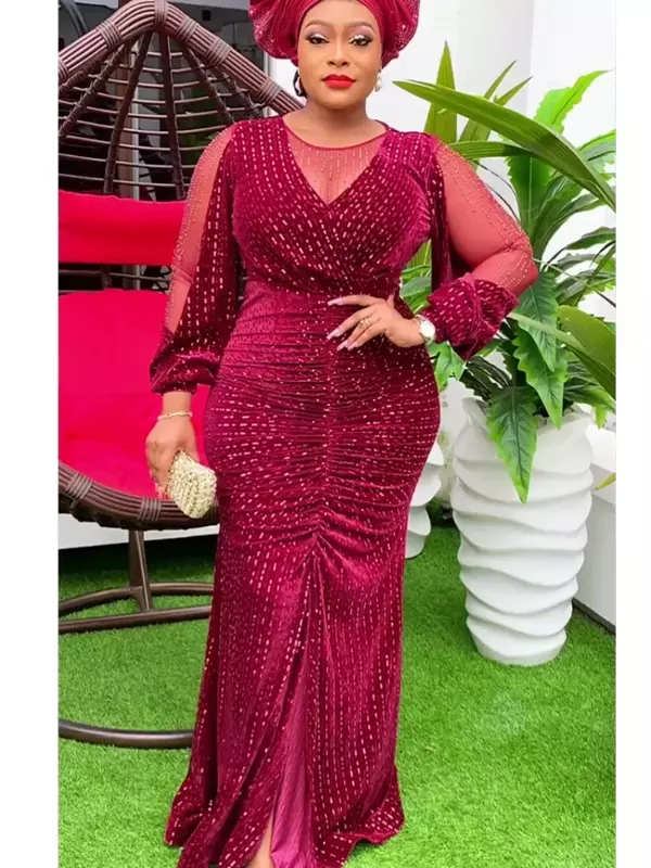 African Elegant Party Dresses for Women Plus Size Sequin Evening Gown Kaftan Muslim Maxi Long Bodycon Dress Ladies Clothing