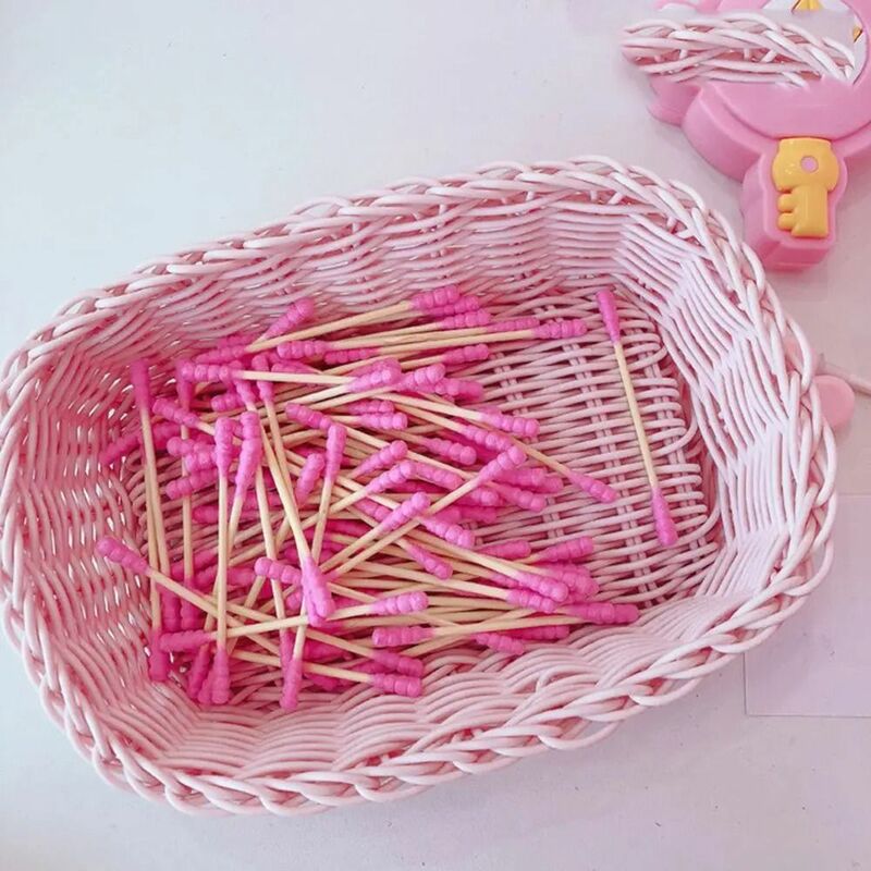 Bastoncillos de algodón desechables de doble cabezal, palitos de madera para limpiar las orejas, color rosa, para el hogar, 100 unids/lote por paquete