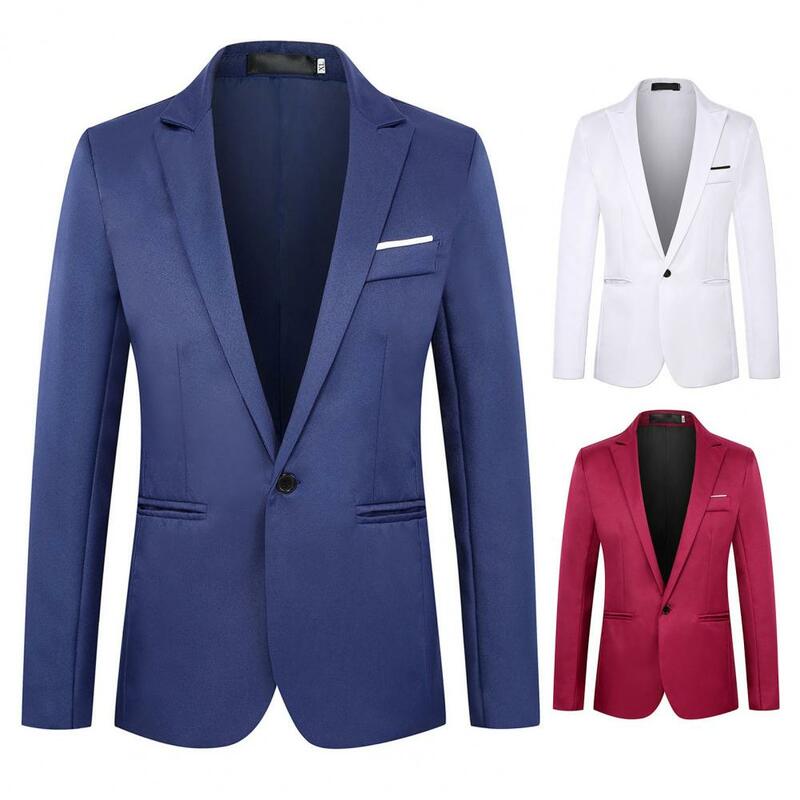 Textura macia masculina Blazer formal, tipo fino, simples, slim fit, escritório, negócio, bolsos, moda