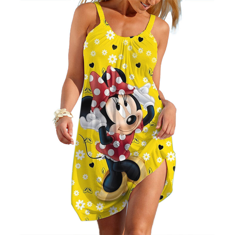 Disney-Vestido feminino de praia leopardo sem mangas, vestidos Minie Mouse, Soft Party Wear, roupas femininas casuais, saia sexy, meninas