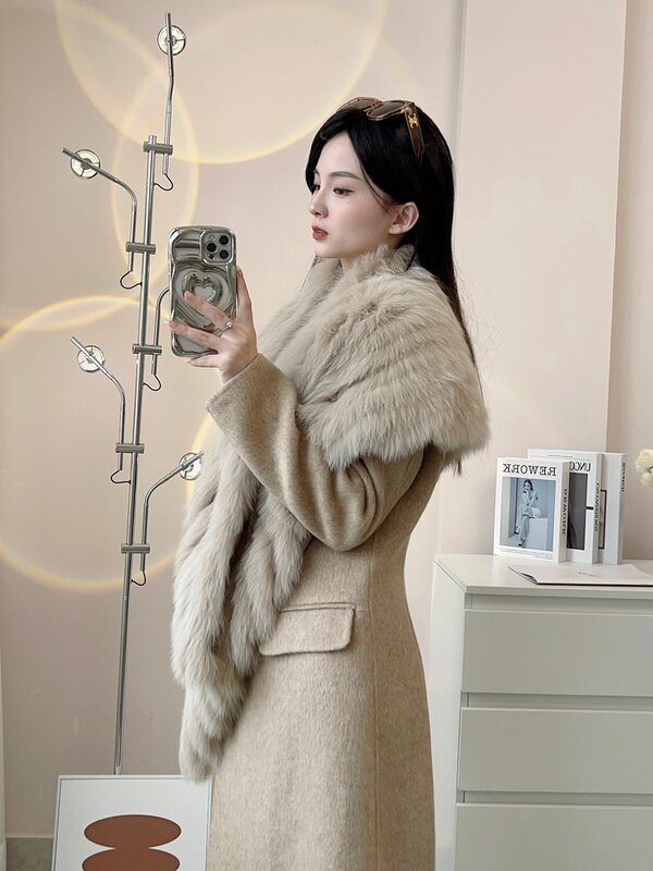 Высококачественное двустороннее шерстяное пальто для женщин, новинка 2023, роскошное кашемировое шерстяное пальто с воротником-шалью из лисьего меха, женское длинное меховое пальто