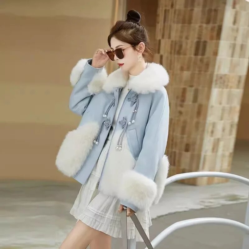 Jaket pendek gaya China wanita, mantel bulu rubah ringan longgar desain gesper musim dingin 2024