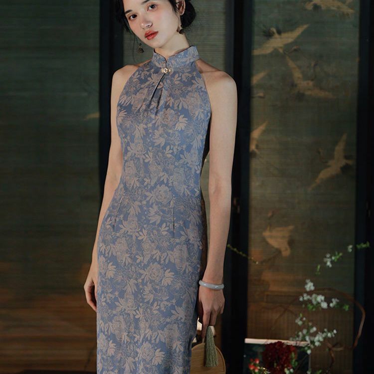 Gaun Cheongsam wanita, gaun Cheongsam tanpa lengan kasual harian gaya China Vintage Hanfu Qipao tanpa lengan elegan