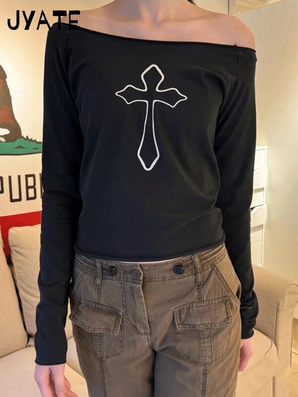 Женская хлопковая футболка с длинным рукавом, белая футболка с вырезом лодочкой и перекрестным принтом, Y2K