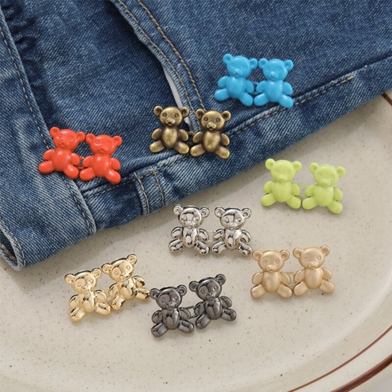 F42F Bear Clips for Pants Jean Buttons Pins for Loose Jeans No Sew and Adjustable