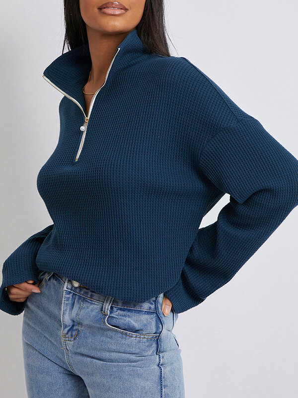 Women Sweatshirt Long Sleeve Turn-down Collar Zipped Loose Pullovers Spring Fall Vintage Casual Tops