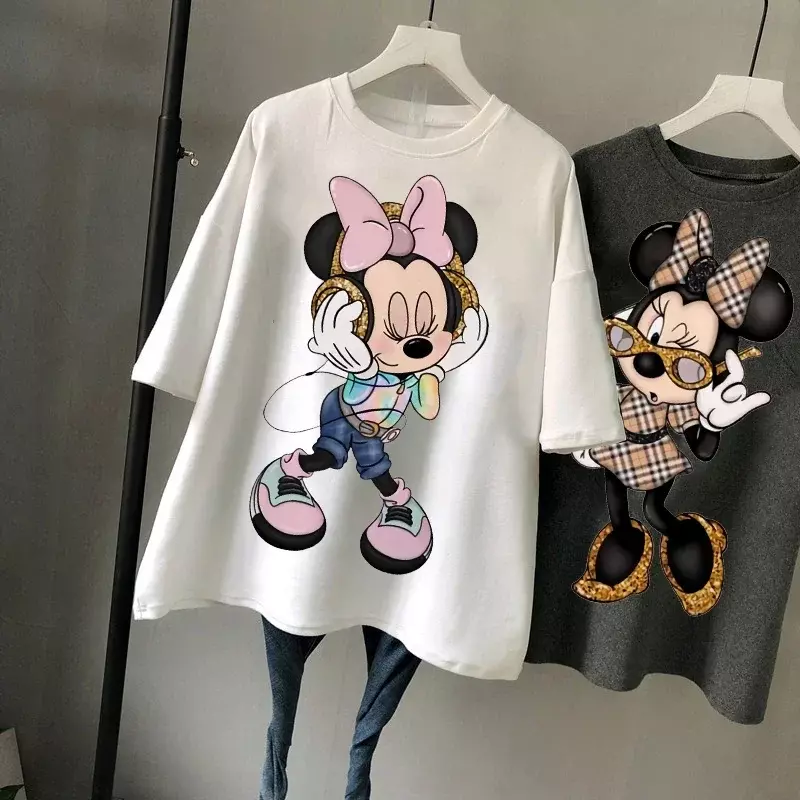 Kaus wanita Kawaii Fashion baru 90s Vintage kartun Mickey Minnie Top Y2K wanita Ulzzang kaus ukuran besar