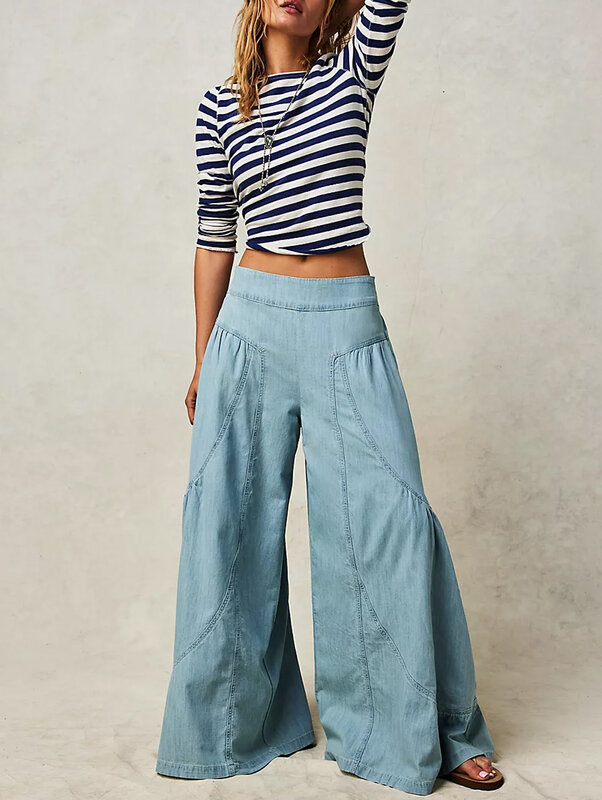 Casual Solid Color Pants Spring Summer Clothes Elastic Waist Loose Womens Wide Leg Spliced Trousers with Pocket
