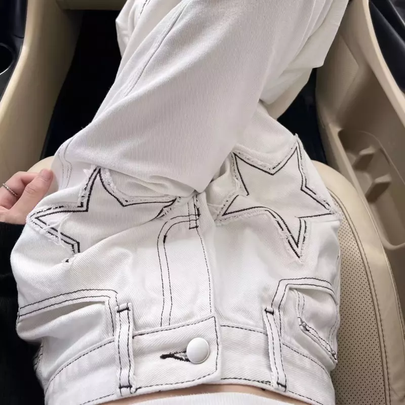 กางเกงขายาวสีขาวเอวสูงสำหรับผู้หญิงกางเกงยีนส์ขาตรงพร้อมกระเป๋า2023สไตล์เกาหลีทรงหลวม