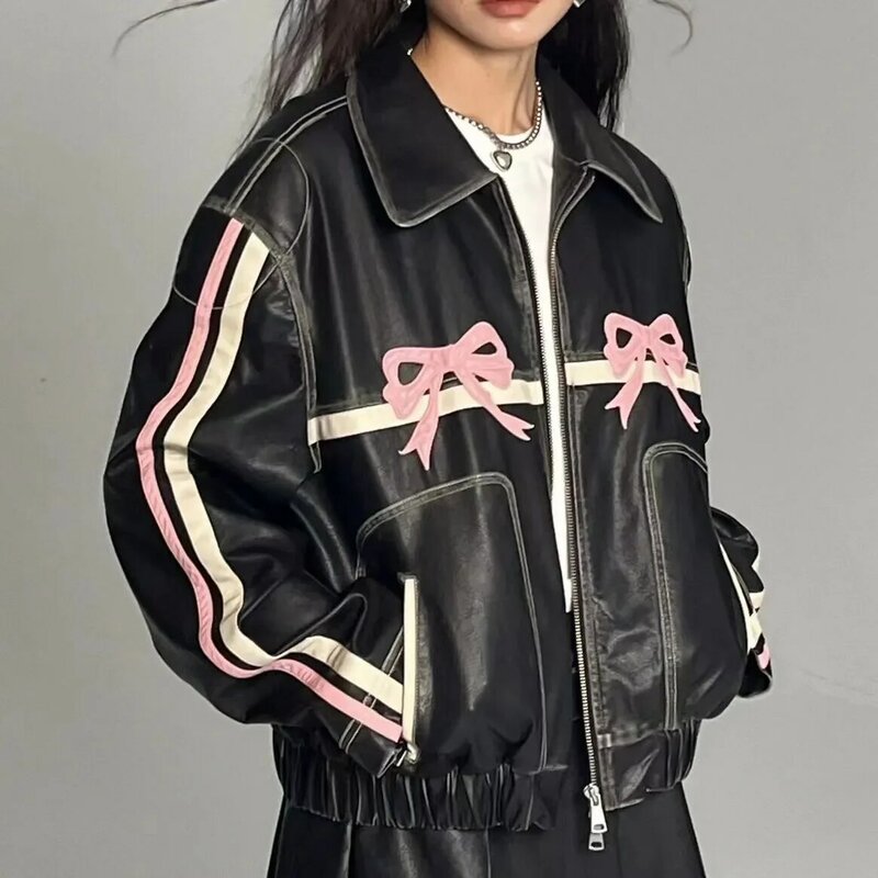女性のためのピンクと白のストライプのジャケット,韓国のバージョン,y2kの服,ファッショナブルなカジュアルなpuのジャケット,愛らしいクールなリボン,レトロな原宿スタイル
