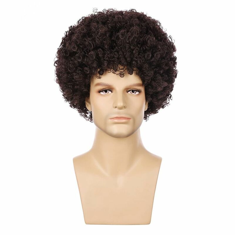 Penggemar sepak bola, afro keriting Afrika, rambut keriting pendek serat suhu tinggi wig sintetis rambut Pelucas penggunaan pesta harian