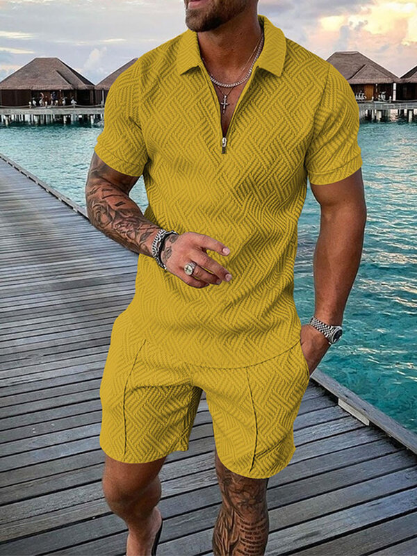 2023 New Summer pantaloncini da uomo Set manica corta Zip Polo Street t-Shirt due pezzi abbigliamento sportivo Casual