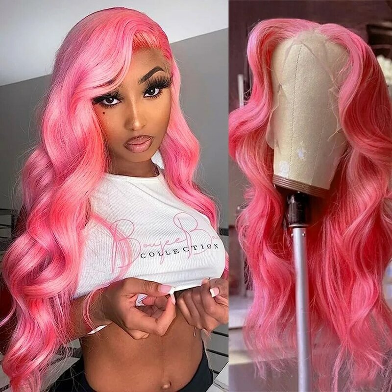 Glueless Pink Color Lace Front Wig Human Hair Peruvian Body Wave Lace Frontal Closure Wig For Women 13x4 Hd Transparent Lace Wig