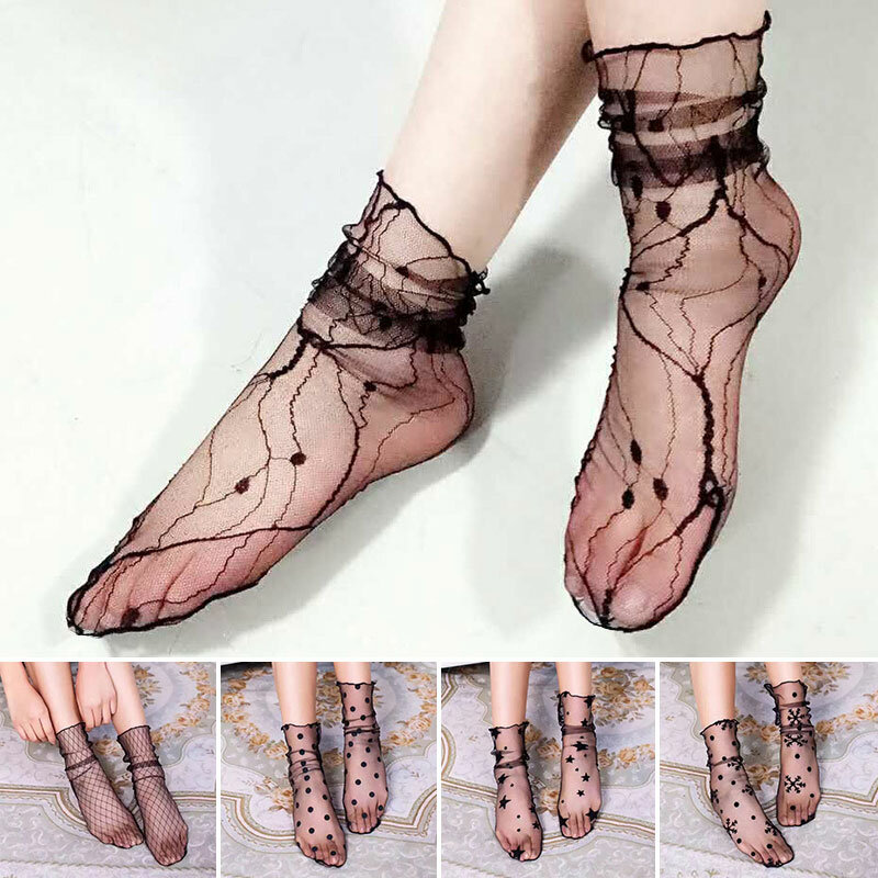 1pair Women Transparent Tulle Socks Sexy Lace Dot Mesh Ankle Socks Summer Ultra-Thin Princess Silk Meias Socks Female