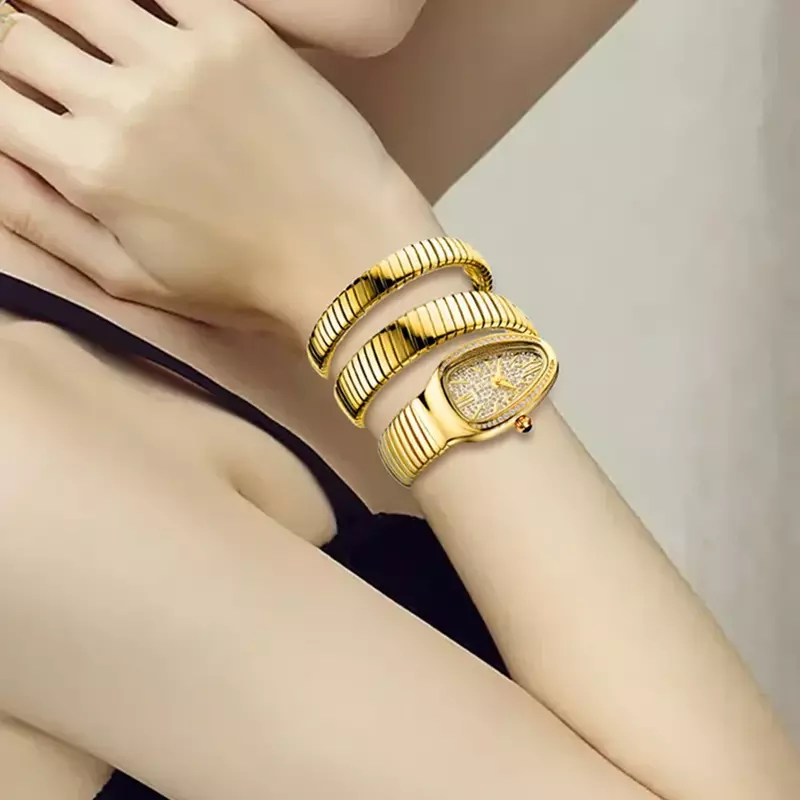 Iced Out Diamond Snake Bracelet Fashion Women's Watch Gold Steel Wrapped Strap Quartz Watches for Women Casual Lady Wristwatch