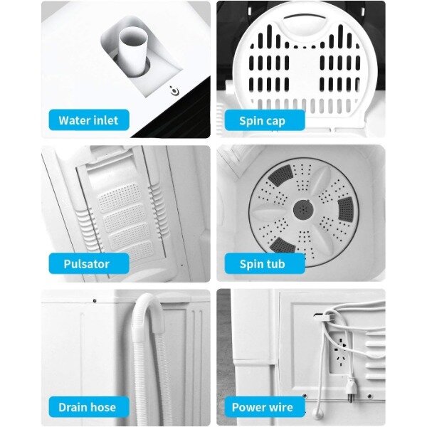 ROVSUN mesin cuci portabel 26LBS, pencuci bak kembar Mini dengan mesin cuci (18lbs) & Spiner(8lbs) & pengering pompa bawaan