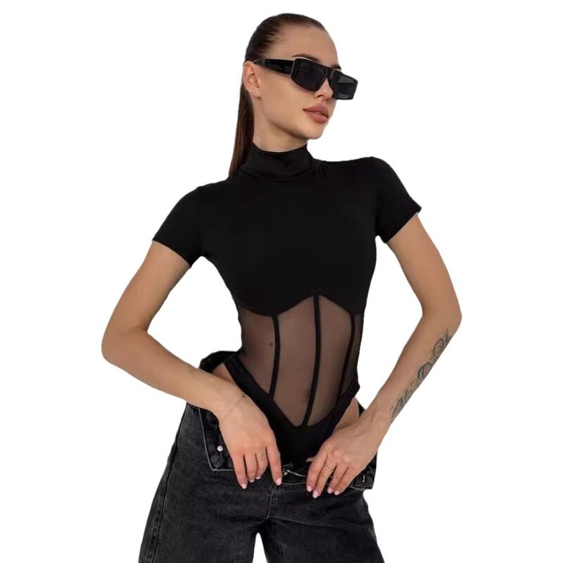 Spring And Summer Design Pure Desire, Slim Fit, Sleeved T-Shirt With Black Mesh Splicing, Jumpsuit Short Top For Women