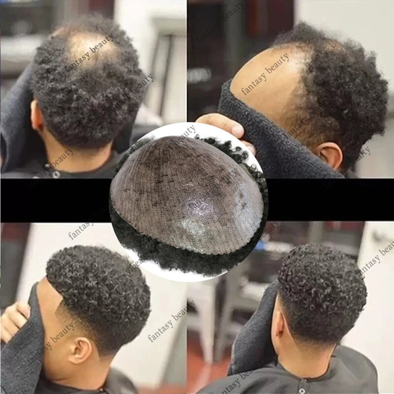 Peluca Afro rizada de piel duradera para hombres, tupé Afro, sistema de reemplazo de cabello humano Real afroamericano, prótesis de hombre negro, 6mm