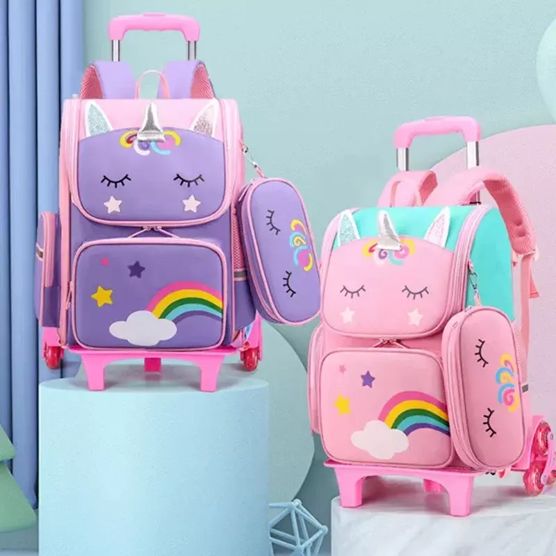 Cartoon Unicorn School Bags Wheeled Backpack for Girls Trolley Bag with Wheels Student Kids Rolling Backpack Trolley Bag