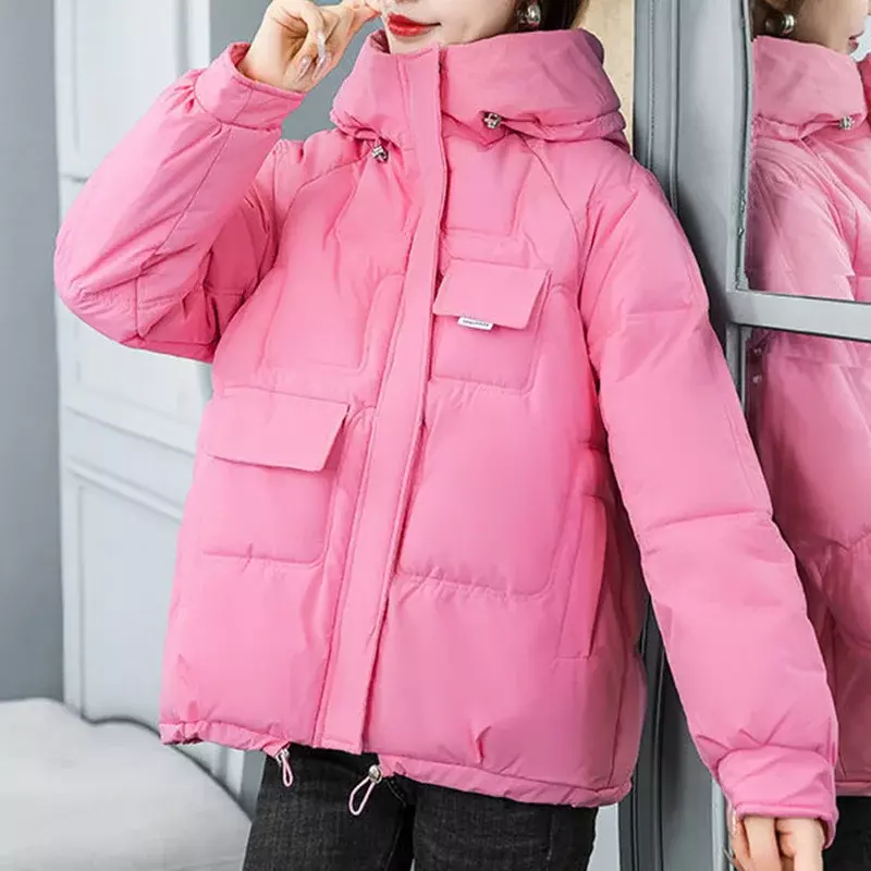 Koreańska luźna puchowy płaszcz bawełniany damska 2023 nowa zima z kapturem odzież damska krótka kurtka z suwakiem kobiet