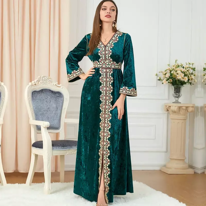 Muslim Abayas for Women Light Luxury Dubai Indian Dress Muslim Corduroy Embroidered Dress Fashion Slit Long Sleeves Dress