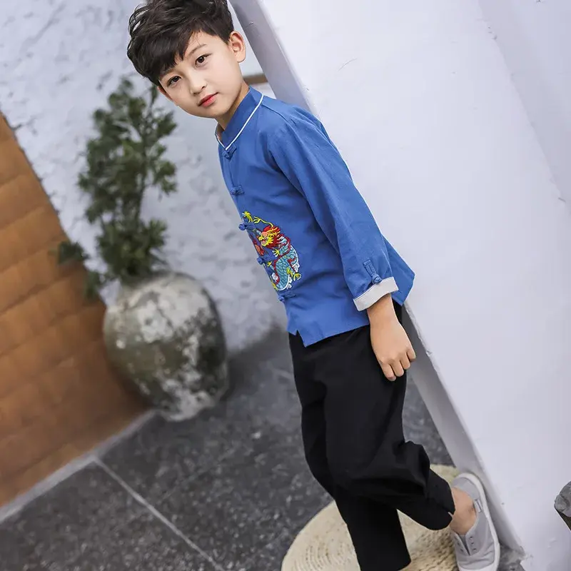Retro Chinesischen Tang Anzug Jungen Kinder Drachen Stickerei Creane Hanfu Traditionellen Kungfu Uniformen Neue Jahr Outfit Geburtstag Geschenk