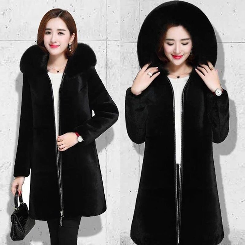 2023 New Winter Faux Fur Jacket parka con cappuccio Coat addensare Ladies Warm lungo soprabito imitazione shear Cashmere Outcoat