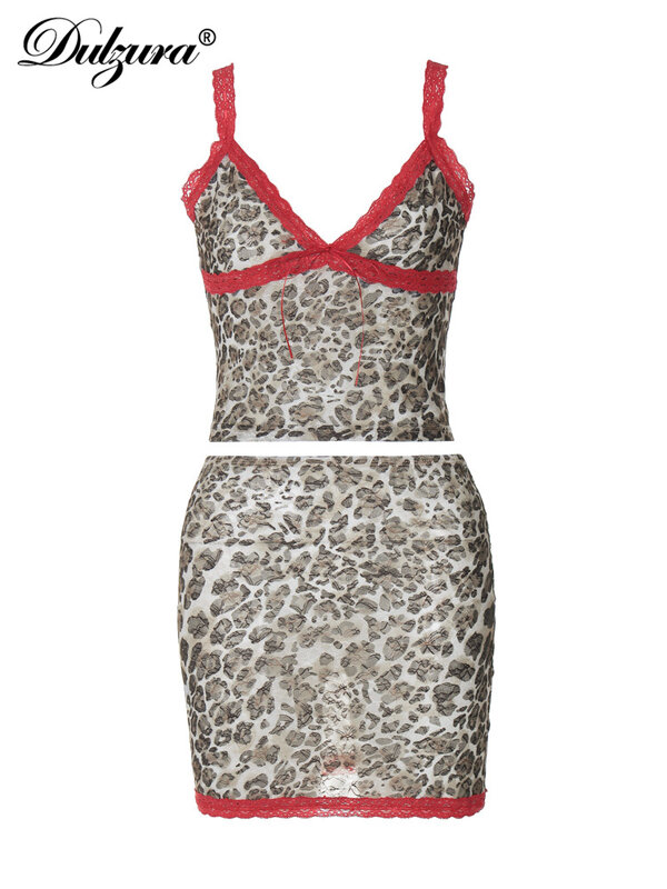Dulzura Sexy Matching Suit Leopard Print Spaghetti Strap Y2K Mini Dress Sets Summer Beach Party Club Streetwear Women Clothes