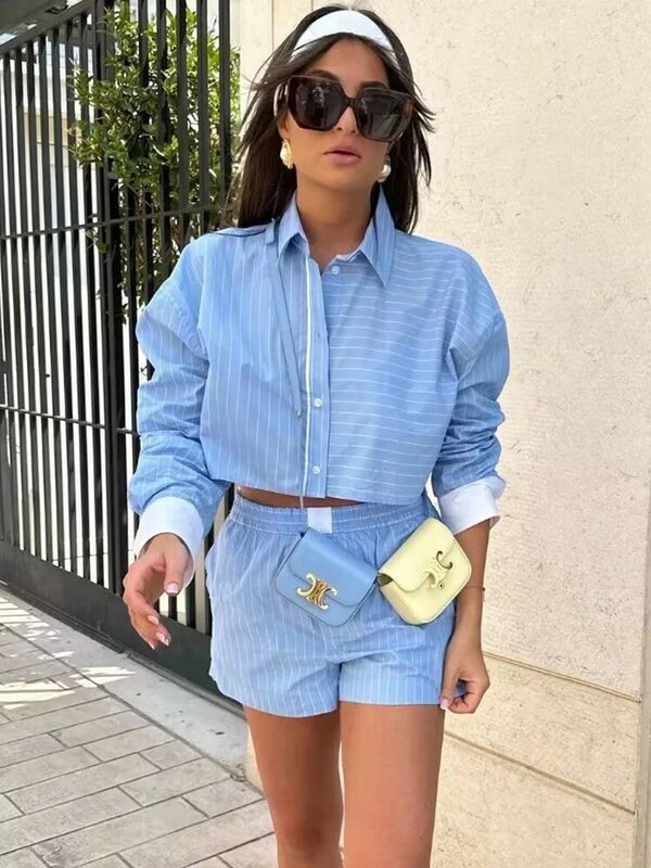 TRAF Woman 2 Pieces Shorts Sets 2023 New Fashion Stripe Shirts Tops+ Contrasting Colors Shorts Casual Two Piece Set Womens Suits