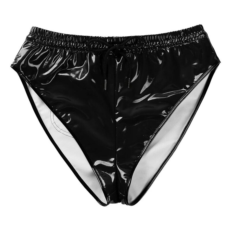 Damskie seksowne majtki wyglądające na mokre błyszczący ze skóry Pu czarne figi egzotyczne stringi bielizna stringi z kieszonkowymi majtkami dla kobiet