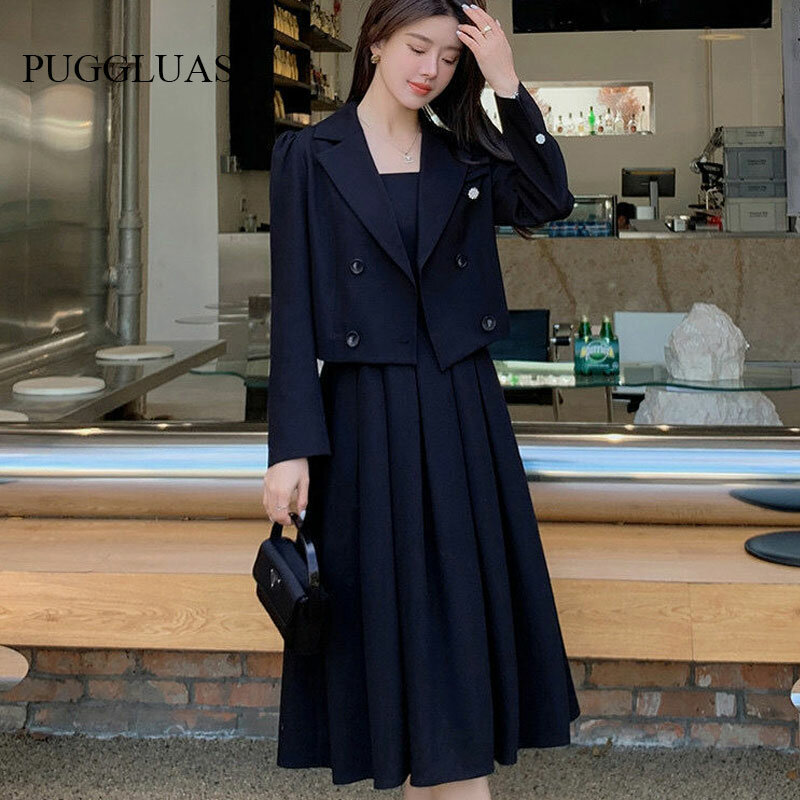 Herfst Korea Elegante Vrouwen Zwarte Kantoor Hepburn Pak Jurk Casual Revers Blazer Jas Klassieke Hoge Taille Een Lijn Geplooide Jurk