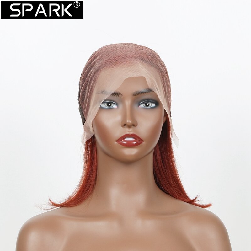 SPARK Wig rambut manusia Bob pendek Wig depan renda 13x4 coklat kemerahan lurus Wig rambut manusia 100% kepadatan 180% telah ditanami