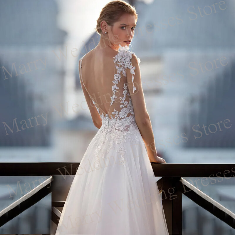 2024 Charming O-Neck A Line Women's Wedding Dresses Beautiful Lace Appliques Bride Gowns Backless Button Tulle Robe De Mariee