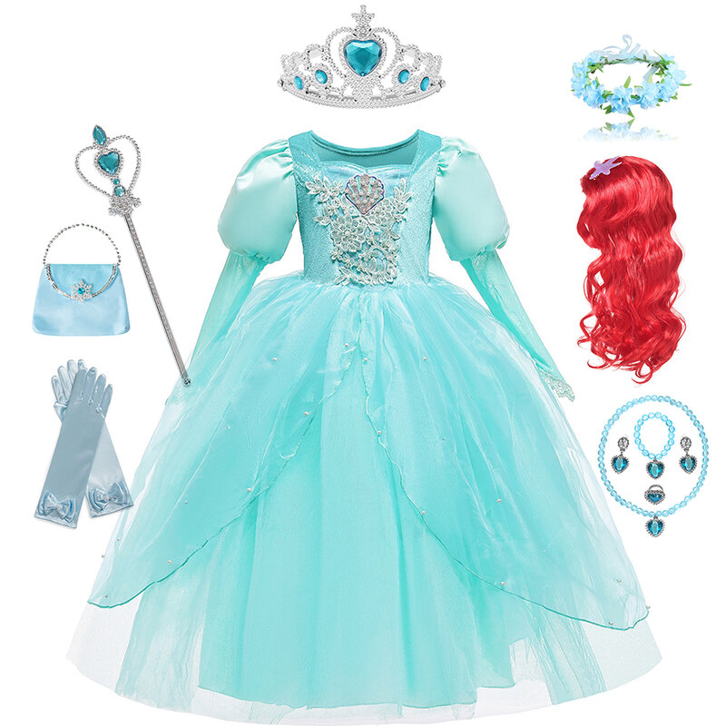 Новинка, костюм маленькой Русалочки Disney для девочек, Ариэль, принцесса, искусственное бальное платье, роскошный Карнавальный костюм для косплея, детский Фэнтезийный костюм на день рождения