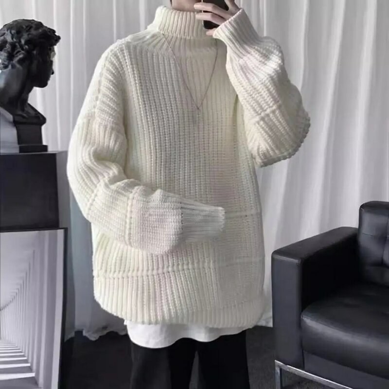 Мужской вязаный свитер с высоким воротником, Эластичный теплый мягкий пуловер с защитой шеи, с защитой от усадки, Осень-зима