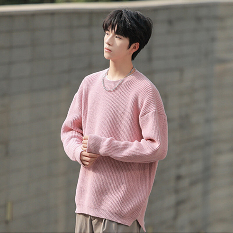 Suéter solto estilo coreano masculino, monocromático, gola em O, manga comprida, malhas para casal, pulôveres básicos diários, outono, inverno