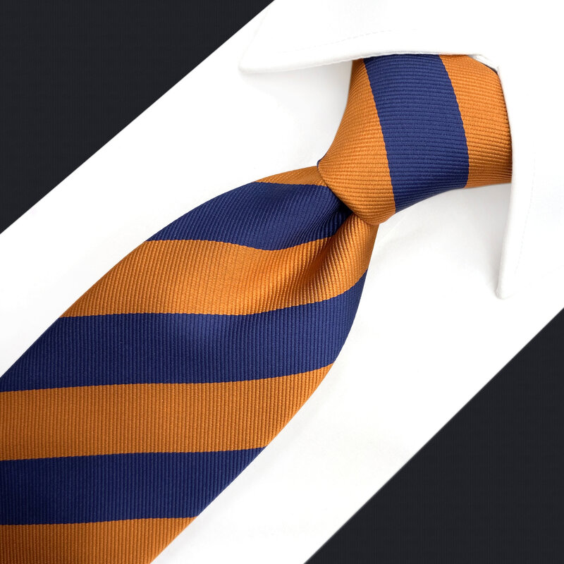 Conjunto de gravata listrada azul marinho e laranja para homens, vestido de noiva, novo, clássico, lenço, tamanho extra longo
