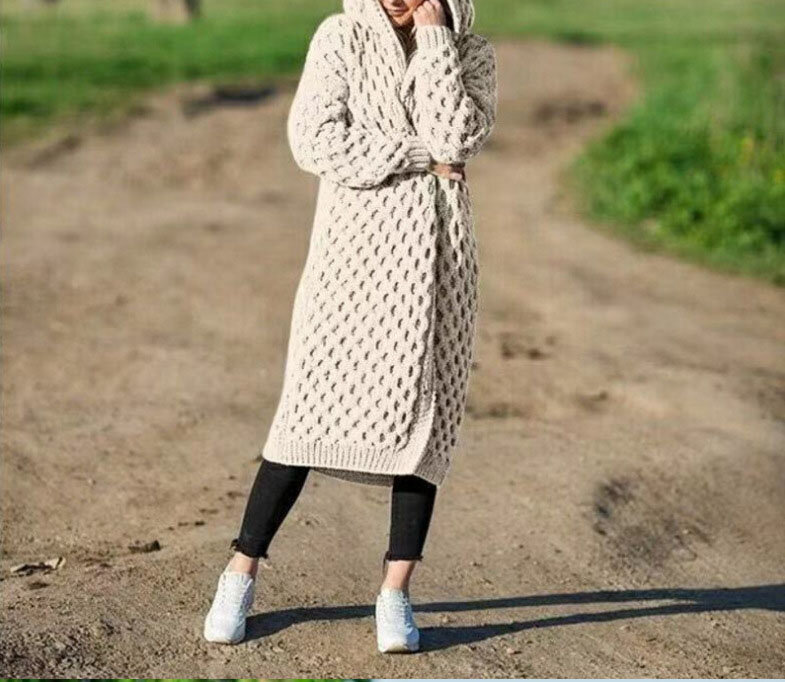 Autumn and Winter Coat for Women 2023 Fashion New Solid Color Long Knitted Sweater Hooded Cardigan Jacket