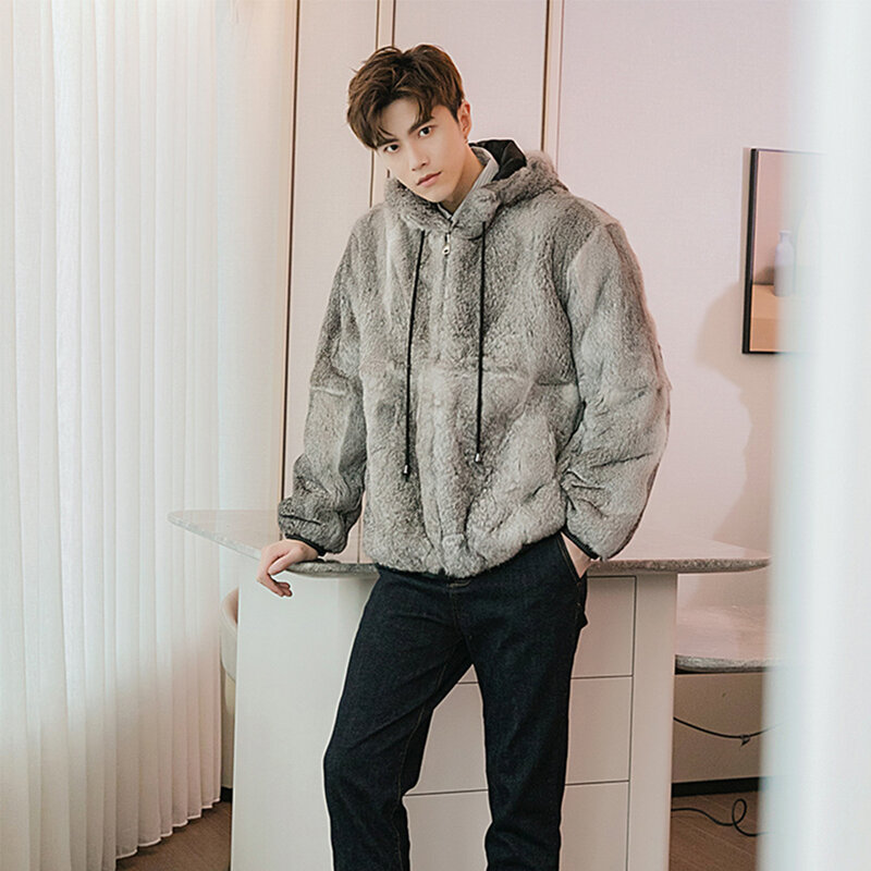Traje de piel de conejo real para hombre, abrigo de piel completa con capucha, chaqueta con capucha de moda, invierno, 2022