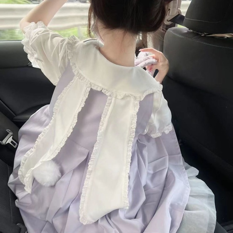 QWEEK Kawaii قمصان Harajuku المرأة البلوزات اليابانية لوليتا نمط آذان الأرنب الدانتيل الحلو فتاة لينة الأبيض فضفاض كم طويل بلايز